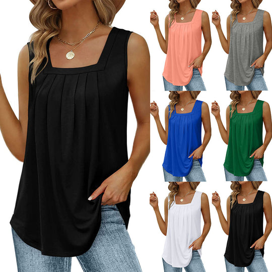 Women Loose Fit Pleated Square Neck Sleeveless Tops Vest T-shirt