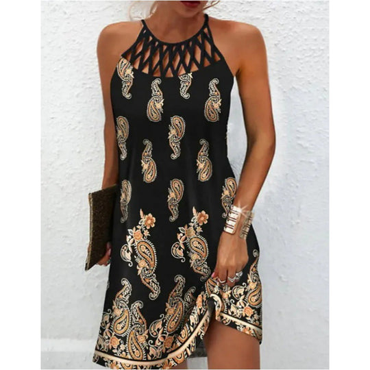 New Women's Round Neck Cutout Slim Fit Sleeveless Halter Print Dress