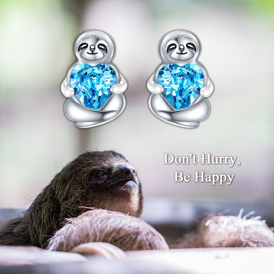 Sterling Silver Sloth Stud Earrings with Heart Blue