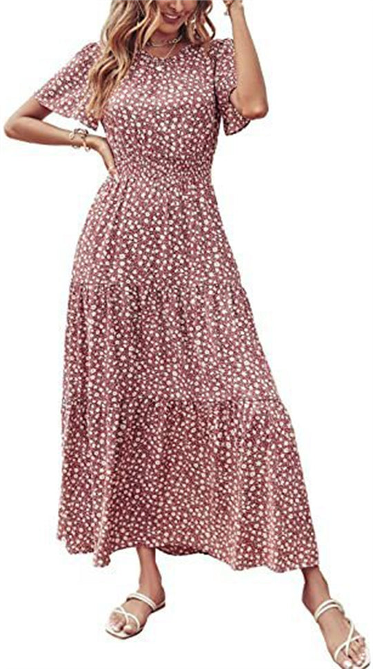 Women's Fashion Floral Thin Waist Splicing Long Dress