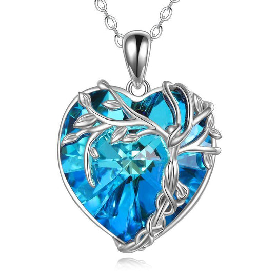 Tree of Life Necklace Sterling Silver Blue Crystal Heart Pendant Jewelry