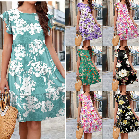 Ruffle Sleeve Dress Summer Loose Flower Print Beach Dresses