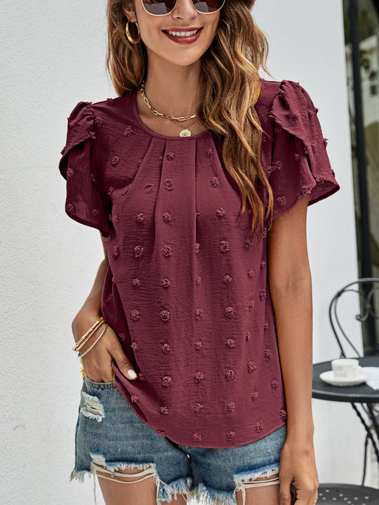 Crew Neck Casual Tulip Sleeve T-shirt Jacquard Top For Women