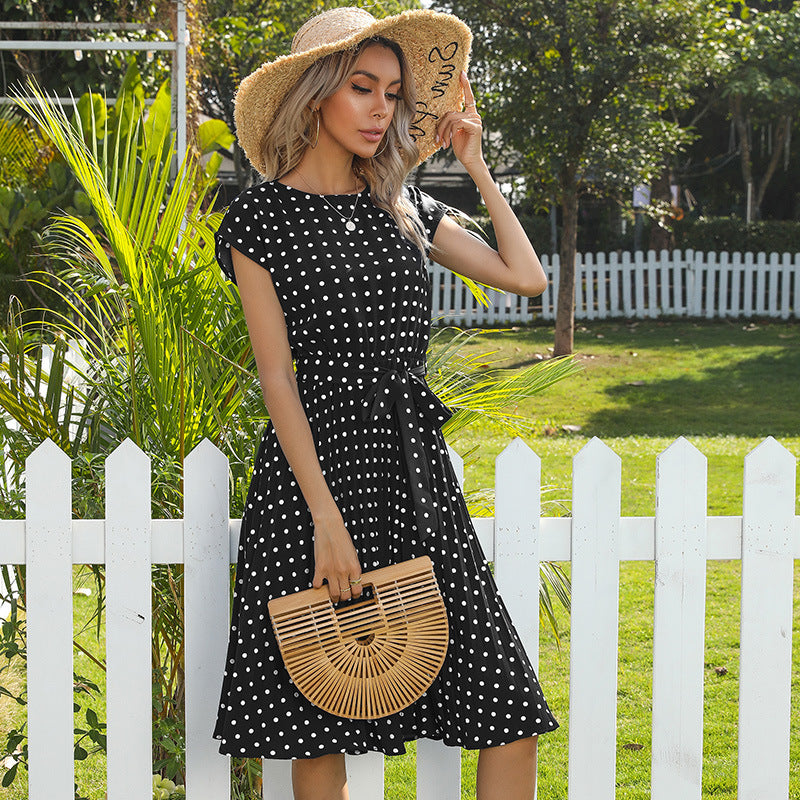 Summer Women Polka Dot Short Sleeve Dress Casual Bandage