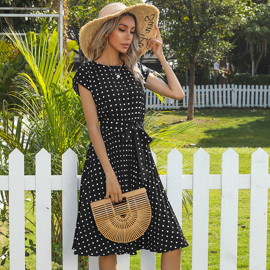 Summer Women Polka Dot Short Sleeve Dress Casual Bandage