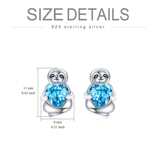 Sterling Silver Sloth Stud Earrings with Heart Blue