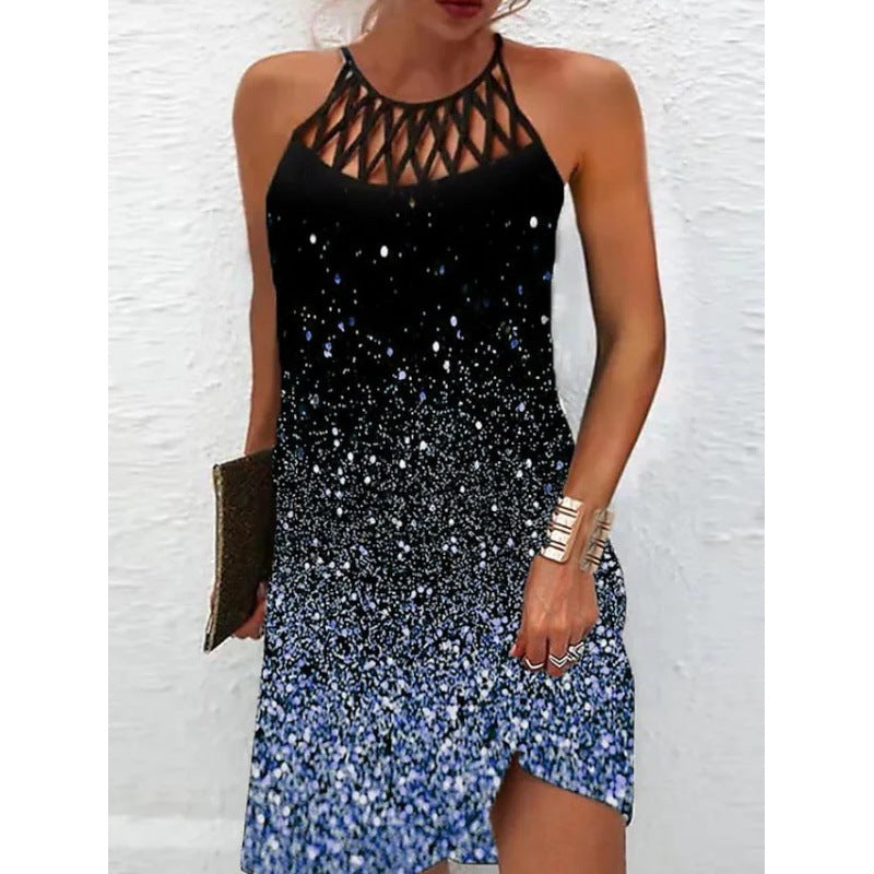 New Women's Round Neck Cutout Slim Fit Sleeveless Halter Print Dress