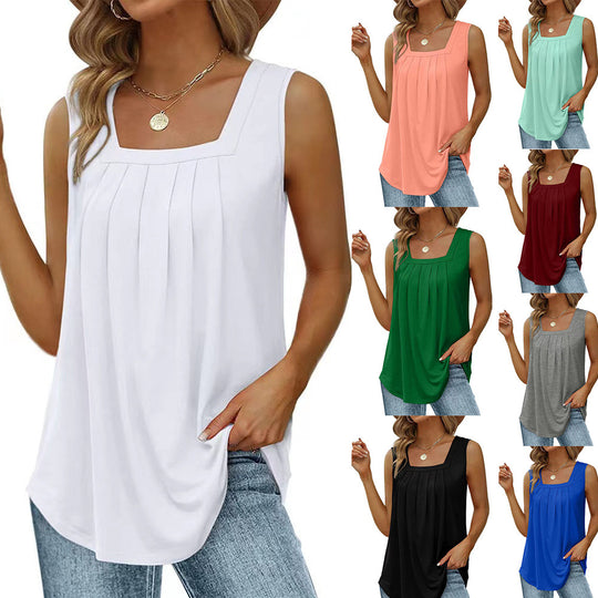 Women Loose Fit Pleated Square Neck Sleeveless Tops Vest T-shirt