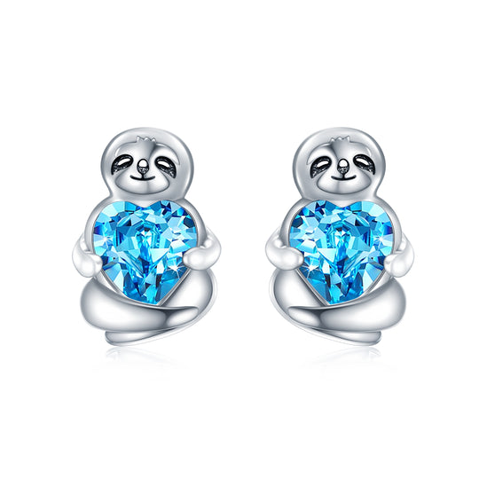 Sterling Silver Sloth Stud Earrings with Heart Blue