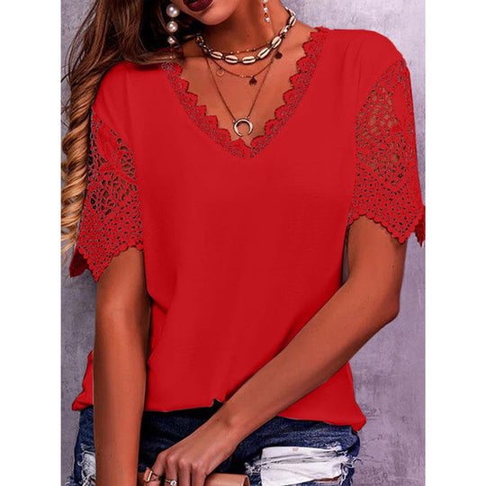 Lace Tops Women Summer Loose V Neck Short Sleeve Casual Shirts