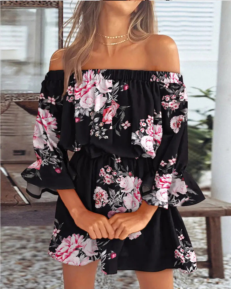 Women's Fashion Simple One-shoulder Printed Dress