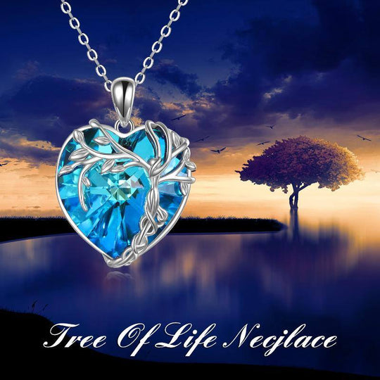 Tree of Life Necklace Sterling Silver Blue Crystal Heart Pendant Jewelry