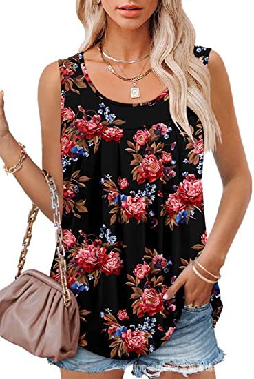 Round Neck Tank Sleeveless Tops Summer Loose Pleated Printed Vest Women