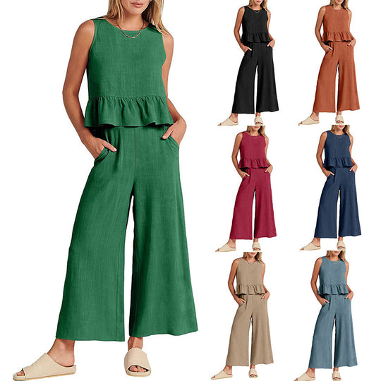 Pleated Vest And Wide-leg Cropped Pants Fashion Two Piece Sets Women