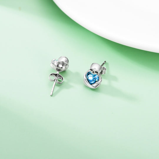 Sterling Silver Sloth Stud Earrings with Heart Blue