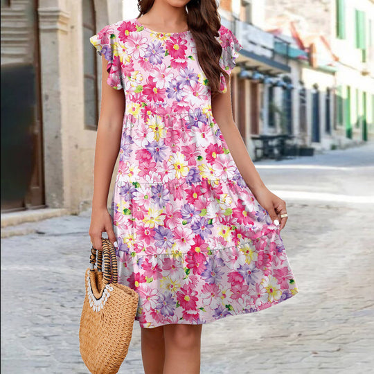 Ruffle Sleeve Dress Summer Loose Flower Print Beach Dresses