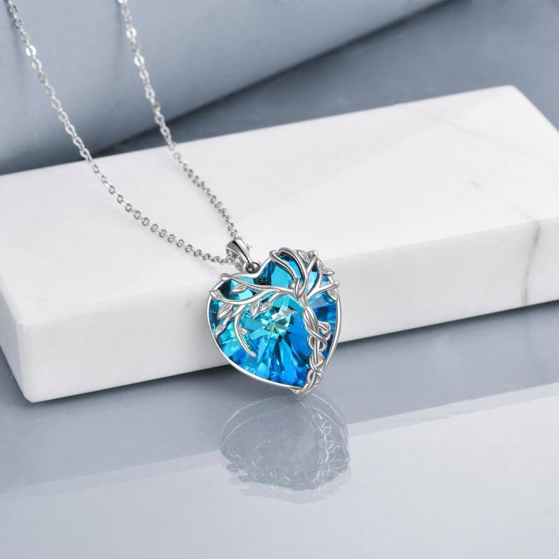 Tree of Life Necklace Sterling Silver Blue Crystal Heart Pendant Jewelry