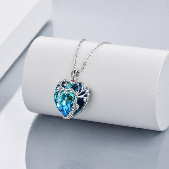 Tree of Life Necklace Sterling Silver Blue Crystal Heart Pendant Jewelry