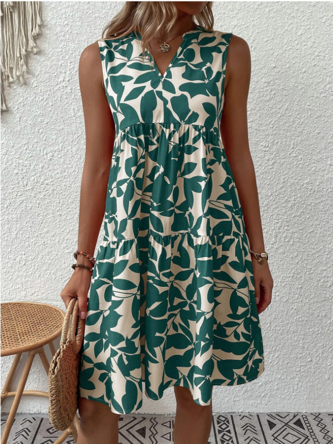 Loose V-neck Pleated Print Sleeveless Dress For Women