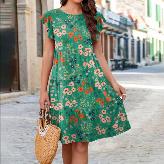 Ruffle Sleeve Dress Summer Loose Flower Print Beach Dresses