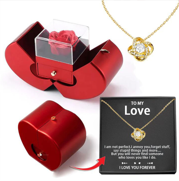 Fashion Jewelry Box Red Apple Gift Necklace Eternal Rose For Valentine's Day Gifts With Artificial Flower Rose Flower Jewelry Box