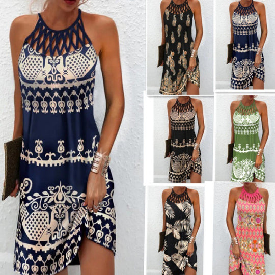 New Women's Round Neck Cutout Slim Fit Sleeveless Halter Print Dress