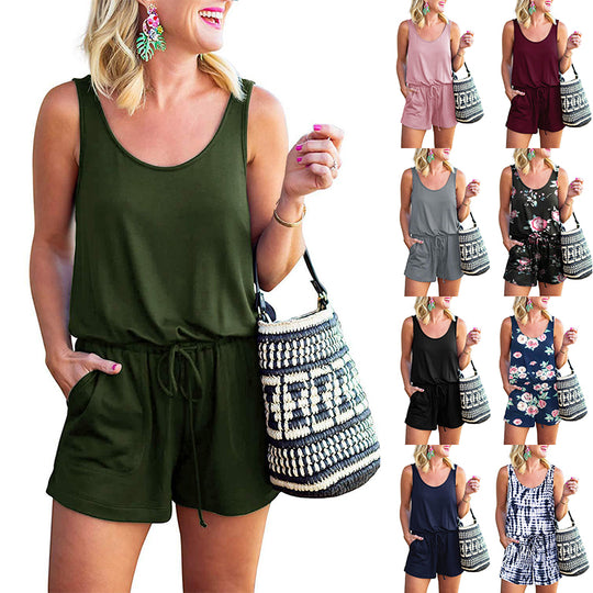 Women's Jumpsuit Sleeveless Tank Top Drawstring Tie Shorts