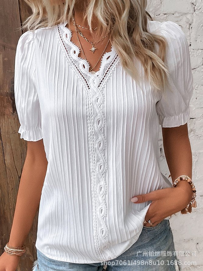 Summer Holiday Hollow-out Short Sleeve Women's Clothing Shirt