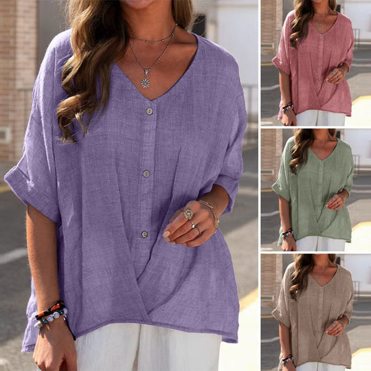 Women's Cotton Linen V-Neck Pullover Short Sleeve Casual Top