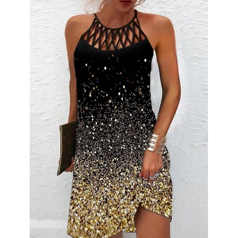 New Women's Round Neck Cutout Slim Fit Sleeveless Halter Print Dress