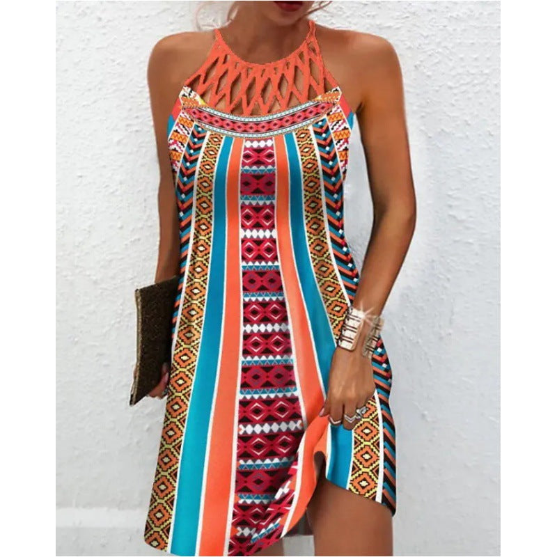 New Women's Round Neck Cutout Slim Fit Sleeveless Halter Print Dress