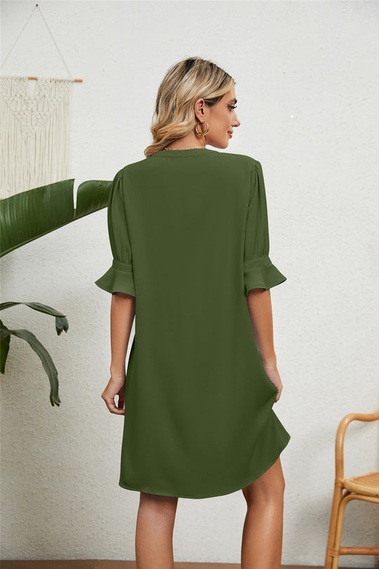 Summer Dress Solid Color V-neck Loose Pleated Half-sleeve Dress For Women