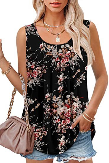 Round Neck Tank Sleeveless Tops Summer Loose Pleated Printed Vest Women