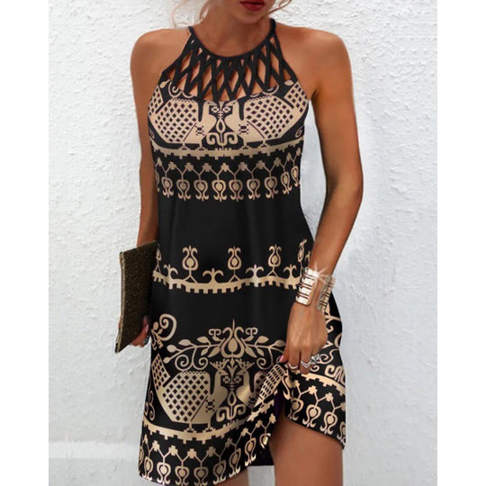 New Women's Round Neck Cutout Slim Fit Sleeveless Halter Print Dress