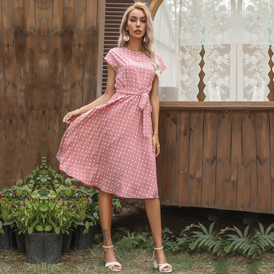 Summer Women Polka Dot Short Sleeve Dress Casual Bandage