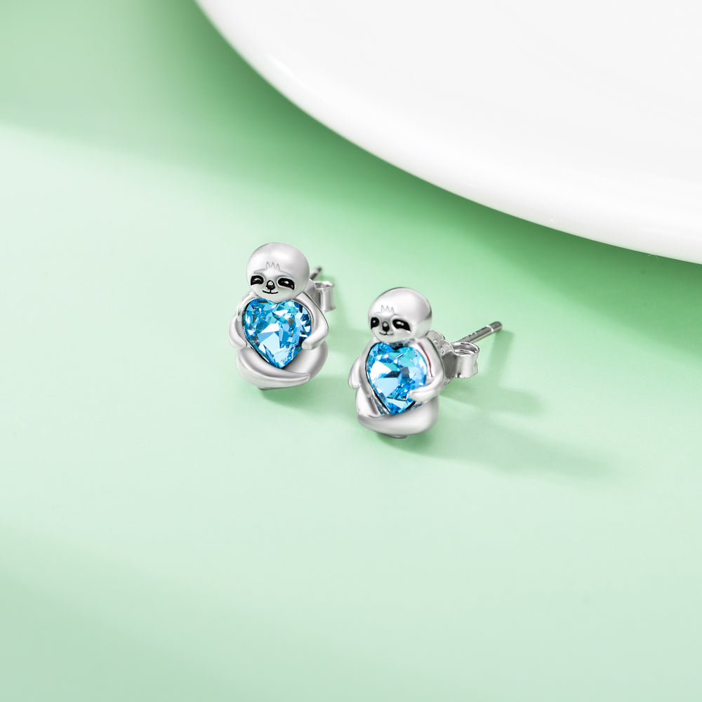 Sterling Silver Sloth Stud Earrings with Heart Blue