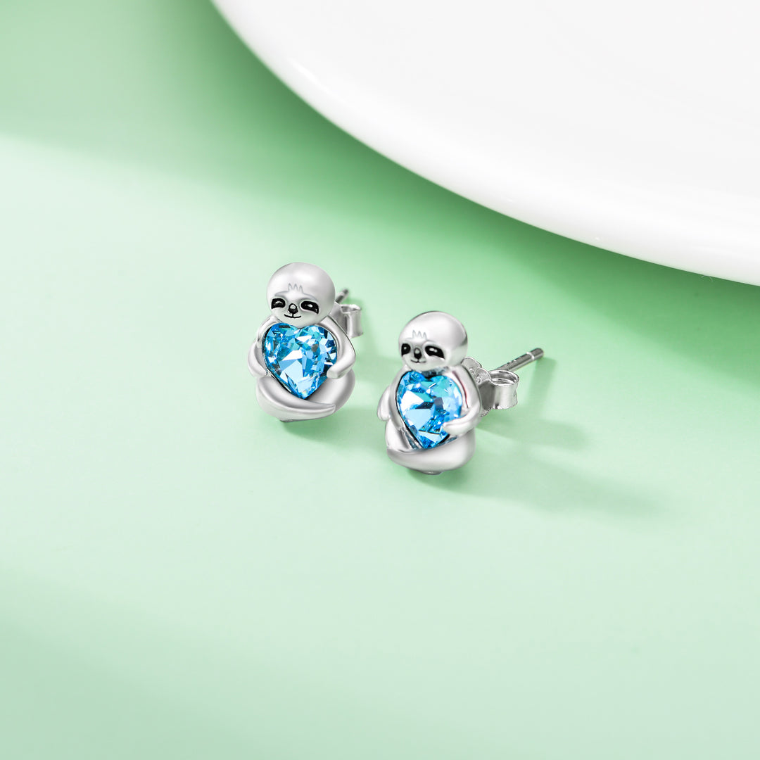 Sterling Silver Sloth Stud Earrings with Heart Blue